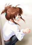  akizuki_ritsuko brown_eyes brown_hair dress_shirt folded_ponytail glasses highres idolmaster idolmaster_(classic) long_hair open_mouth paw_pose shirt squatting zen 