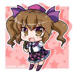  brown_eyes brown_hair cellphone checkered checkered_skirt chibi hair_ribbon hat himekaidou_hatate looking_at_viewer necktie noai_nioshi open_mouth phone pink_background pointy_ears puffy_sleeves ribbon shirt short_sleeves skirt smile solo star tokin_hat touhou twintails 