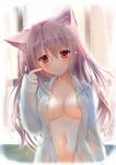  animal_ears blush breasts cleavage collarbone hand_on_own_face hinazuka_ryou long_hair looking_at_viewer medium_breasts navel no_bra open_clothes open_shirt original out-of-frame_censoring purple_hair red_eyes shirt sleepy smile solo window 