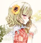  bad_id bad_twitter_id blush bow cierra_(ra-bit) face flower frills from_side green_hair hair_flower hair_ornament kazami_yuuka light_smile looking_at_viewer plaid plaid_shirt portrait profile puffy_sleeves red_eyes shirt short_hair short_sleeves simple_background smile solo sunflower text_focus touhou upper_body wavy_mouth wrist_cuffs yellow_background 