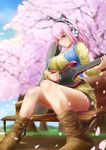  bench blush breasts guitar guitar_case headphones highres instrument instrument_case large_breasts long_hair music nitroplus petals pink_hair playing_instrument red_eyes shorts sitting solo super_sonico tama_(tamakaka1031) 