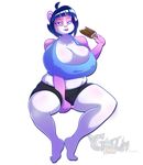  alpha_channel bear big_breasts blue_eyes blue_hair breasts chubby cleavage clothed clothing eating female fur goblinhordestudios hair hi_res hindpaw huge_breasts ice_cream lips looking_at_viewer mammal panda paws pink_fur pink_nose shirt short_hair shorts sitting smile solo thick_thighs thighs voluptuous white_fur 