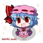  :3 artist_name bat_wings blue_hair blush bow brooch chibi dress fangs hat hat_bow jewelry looking_at_viewer mob_cap noai_nioshi open_mouth pink_dress puffy_sleeves red_eyes remilia_scarlet short_sleeves sitting smile solo star touhou wings 
