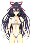  black_hair breasts casual_one-piece_swimsuit cleavage date_a_live egichan highres long_hair medium_breasts one-piece_swimsuit purple_eyes standing swimsuit yatogami_tooka 