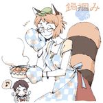  animal_ears apron asahi_(uwa) black_hair brown_eyes brown_hair eighth_note fork futatsuiwa_mamizou glasses houjuu_nue leaf leaf_on_head multiple_girls musical_note one_eye_closed oven_mitts pince-nez raccoon_ears raccoon_tail red_eyes smile spoken_musical_note spoon tail touhou 