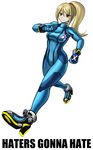  blonde_hair blue_eyes bodysuit breasts commentary english highres impact_(font) long_hair macro medium_breasts meme metroid ponytail rocket_boots samus_aran skin_tight solo strut super_smash_bros. veloxiraptor walking zero_suit 