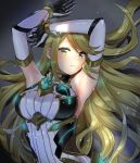  1girl alternate_costume armor armpits bangs blonde_hair breasts dress earrings gem headpiece hikari_(xenoblade_2) jewelry large_breasts long_hair nintendo ooshima_aki simple_background solo super_smash_bros. super_smash_bros._ultimate swept_bangs tiara xenoblade_(series) xenoblade_2 yellow_eyes 