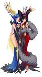  antlers bare_shoulders black_hair blue_eyes blue_hair blue_nails body_blush boots breasts cape cleavage detached_sleeves dress eclosion facial_mark feather_boa forehead_mark gen_6_pokemon gown high_heels highres holding_hands horns legendary_pokemon long_dress long_hair medium_breasts multicolored_hair multiple_girls nail_polish personification pokemon red_hair red_nails side_slit simple_background thigh_boots thighhighs two-tone_hair white_background xerneas yveltal 