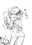  blush closed_eyes eyebrows forked_eyebrows future_card_buddyfight greyscale hat male_focus mikado_gaou monochrome peaked_cap sneezing solo tobi_(one) translation_request white_background 