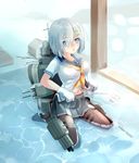  blue_eyes blush breasts gloves hair_ornament hairclip hamakaze_(kantai_collection) highres kantai_collection large_breasts miyabi_(miyabi) navel pantyhose partially_submerged school_uniform serafuku shallow_water short_hair short_sleeves silver_hair sitting skirt solo wariza water white_gloves 