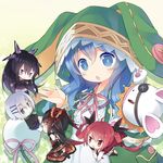  animal_hood black_hair blue_eyes blue_hair bright_pupils bunny_hood bunny_puppet chibi date_a_live gothic_lolita hood hoodie itsuka_kotori lolita_fashion multiple_girls purple_eyes purple_hair saru silver_hair tobiichi_origami tokisaki_kurumi twintails yatogami_tooka yellow_eyes yoshino_(date_a_live) yoshinon 