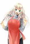  :d alternate_costume apron aqua_eyes atago_(kantai_collection) blonde_hair breasts casual itoguchi_(manma_melon) kantai_collection ladle large_breasts long_hair open_mouth ribbed_sweater simple_background smile solo sweater turtleneck white_background 