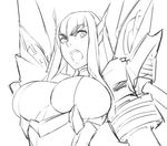  breasts commentary eu03 eyebrows greyscale junketsu kill_la_kill kiryuuin_satsuki large_breasts long_hair monochrome open_mouth sketch solo 