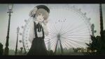  1girl absurdres ahoge beret black_hat black_ribbon black_skirt building collared_shirt day ferris_wheel flower hair_flower hair_ornament hat hatoba_tsugu hatoba_tsugu_(character) highres lamppost long_sleeves looking_at_viewer mole mole_under_eye outdoors ribbon rose scenery seol sepia shirt short_hair skirt sky smile solo suspender_skirt suspenders timestamp v virtual_youtuber white_flower white_rose white_shirt yellow_eyes 