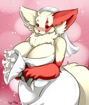  anthro big_breasts blush breasts bride chest_tuft cleavage clothed clothing ear_tuft female flower fur nightfaux nintendo pok&#233;mon pok&#233;morph pok&eacute;mon red_eyes red_fur solo tuft video_games voluptuous wedding_dress white_fur zangoose 