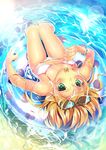  bikini blonde_hair blush breasts candy cleavage eyewear_on_head food freckles green_eyes innertube lollipop long_hair looking_at_viewer original partially_submerged ryuji_(ikeriu) shiny shiny_skin small_breasts solo sunglasses swimsuit thigh_gap water wet white_bikini 