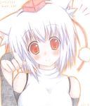  animal_ears bare_shoulders blush breasts bridal_gauntlets dated detached_sleeves fingerless_gloves gloves hat hestia_(neko_itachi) inubashiri_momiji looking_at_viewer medium_breasts orange_eyes paw_pose pom_pom_(clothes) short_hair silver_hair smile solo tokin_hat touhou traditional_media wolf_ears 