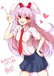  animal_ears bad_id bad_pixiv_id blush bunny_ears dabadhi dress_shirt extra_ears heart highres long_hair looking_at_viewer necktie open_mouth pink_hair red_eyes red_neckwear reisen_udongein_inaba shirt simple_background skirt smile solo touhou translation_request white_background 