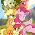  apple_bloom_(mlp) applejack_(mlp) big_macintosh_(mlp) cutie_mark equine female friendship_is_magic fur granny_smith_(mlp) green_eyes green_fur group hair hi_res horse male mammal my_little_pony one_eye_closed orange_fur outside pink_fur pink_hair pinkie_pie_(mlp) pony red_fur smile tree white_hair wizardglitter 