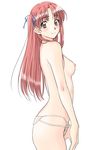  bikini_bottom blush bow breasts cowboy_shot eyebrows_visible_through_hair long_hair looking_at_viewer nipples polorinken red_eyes red_hair sawatari_honoka sentimental_graffiti simple_background small_breasts smile solo topless two_side_up white_background 