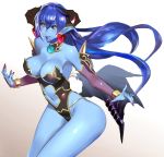  1girl astaroth_(shinrabanshou) black_sclera blue_hair blue_skin breasts bridal_gauntlets demon_girl demon_horns demon_tail earrings eyebrows_visible_through_hair heart heart_earrings highres horns jewelry lips long_hair looking_at_viewer medium_breasts navel navel_cutout pointy_ears purple_footwear red_wings shinrabanshou shiny shiny_hair shiny_skin smile solo succubus tail ukimukai wings yellow_eyes 