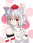  animal_ears bare_shoulders blush breasts detached_sleeves hat highres inubashiri_momiji looking_at_viewer pom_pom_(clothes) red_eyes short_hair silver_hair small_breasts solo tamu_shigeki tokin_hat touhou wolf_ears 