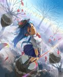 bad_id bad_pixiv_id blue_eyes blue_hair cloud day floating_rock food forest fruit hat highres hinanawi_tenshi huanxiang_heitu long_hair looking_at_viewer looking_back nature peach puffy_sleeves shirt short_sleeves skirt sky solo sword_of_hisou touhou very_long_hair winter 