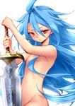 blue_hair colorized future_card_buddyfight long_hair looking_at_viewer male_focus navel nude red_eyes ryuuenji_tasuku simple_background solo sword tobi_(one) very_long_hair weapon white_background 