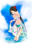  bikini blush breasts brown_hair cleavage cloud day flower hair_flower hair_ornament hazakura_seiso hibiscus kawagishi_keitarou large_breasts long_hair maji_de_watashi_ni_koi_shinasai! navel non-web_source ocean sarong sarong_lift see-through skirt sky solo swimsuit thigh_gap very_long_hair wading water yellow_eyes 