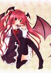  absurdres black_legwear bow demon_wings hair_bow head_wings highres koakuma long_hair mouth_hold red_eyes red_hair ribbon ribbon_in_mouth solo touhou twintails very_long_hair wings yucchan_(drizzle_star) 