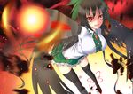  arm_cannon bird_wings black_hair black_legwear black_wings boots bow breasts glowing glowing_weapon gmot hair_bow large_breasts long_hair looking_at_viewer open_mouth red_eyes reiuji_utsuho shirt skirt solo symbol-shaped_pupils thigh_boots thighhighs third_eye touhou very_long_hair weapon wings zettai_ryouiki 
