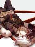  .hack//g.u. 1boy albino bad_id bad_pixiv_id facial_mark gloves haseo_(.hack//) ito_mijinko lying male_focus midriff pants red_eyes solo tattoo white_background white_hair 