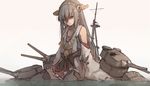  bare_shoulders black_hair blood blood_on_face boots detached_sleeves hairband haruna_(kantai_collection) japanese_clothes kantai_collection long_hair open_mouth partially_submerged solo thigh_boots thighhighs torn_clothes water xiao_qiang_(overseas) 