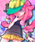  1girl 1other absurdres baseball_cap black_shirt blue_eyes clownfish drooling hand_to_own_mouth harmony&#039;s_clownfish_(splatoon) harmony_(splatoon) hat highres long_hair looking_at_viewer mikushu394 miniskirt one_eye_covered open_mouth pink_hair pleated_skirt shirt short_sleeves skirt smile splatoon_(series) splatoon_3 striped striped_headwear t-shirt tentacle_hair yellow_headwear yellow_skirt 