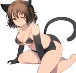  animal_ears bad_id bad_pixiv_id barefoot bikini black_bikini black_gloves blush breasts brown_eyes brown_hair cat_ears cat_tail cleavage elbow_gloves gloves highres large_breasts mihatarou miniskirt original short_hair simple_background skirt smile solo swimsuit tail white_background 