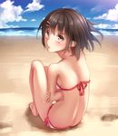  back bangs bare_arms bare_shoulders barefoot beach bikini blush brown_eyes brown_hair cloud day eyebrows_visible_through_hair full_body hair_ornament hairclip looking_at_viewer looking_back original outdoors sand short_hair sitting sky solo swimsuit water yasuno_(airy_light) 