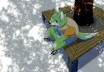  canine clothing fur green_fur kemono looking_at_viewer male mammal resting sitting solo sum_kemono sweat tongue tree wolf 