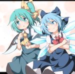  ascot blue_bow blue_eyes blue_hair blush bow cirno crossed_arms daiyousei do_(4-rt) dress fairy_wings green_eyes green_hair hair_bow hair_ribbon highres ice looking_at_viewer multiple_girls open_mouth red_bow ribbon short_hair short_sleeves side_ponytail simple_background smile smirk touhou wings yellow_bow 