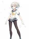  blue_eyes blush gloves hair_ornament hairclip hamakaze_(kantai_collection) highres kantai_collection legs pantyhose school_uniform serafuku short_hair short_sleeves silver_hair simple_background skirt solo standing white_background white_gloves yilan 