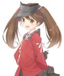  :d blush brown_eyes brown_hair dress_shirt fang hand_on_hip highres japanese_clothes kagerou_(shadowmage) kantai_collection kariginu long_hair long_sleeves machinery magatama open_mouth ryuujou_(kantai_collection) shirt simple_background skirt smile solo twintails visor_cap white_background 