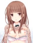  amagami bad_id bad_pixiv_id banned_artist bra bra_pull breasts brown_eyes brown_hair clothes_lift highres kamizaki_risa long_hair long_sleeves looking_at_viewer n.g. nipples open_clothes open_mouth open_shirt pink_bra shirt shirt_lift small_breasts solo sweater sweater_lift underwear upper_body 