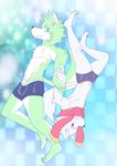  &#26408; ? basil_(pixiv) blue_eyes canine duo fur green_fur looking_at_viewer male mammal pose scarf toned topless underwear white_fur wolf 