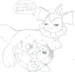  breathplay bubble bunearyk dialog duo eeveelution english_text feral half-closed_eyes hi_res jolteon lying monochrome nintendo on_back pencil_(art) pok&#233;mon pok&eacute;mon sketch smile soft_vore text vaporeon video_games vorarephilia vore young 