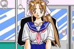  1girl 90s animated animated_gif assisted_exposure bishojo_janshi_pretty_sailor_2 blush bounce bouncing_breasts bra breasts brown_hair chikan cleavage erect_nipples game game_sprite lingerie long_hair molestation school_uniform serafuku shirt_lift striped striped_bra tears underwear 