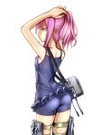  adjusting_hair ass blue_eyes blue_swimsuit casual_one-piece_swimsuit cowboy_shot hair_tie highres ichifuji_nitaka_(phase_nine) kantai_collection looking_at_viewer looking_back mouth_hold one-piece_swimsuit pink_hair shiranui_(kantai_collection) short_hair skindentation solo swimsuit turret tying_hair white_background 
