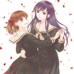  black_hair brown_hair dancing fukuzawa_yumi fuuka_(fukasheu) hair_ribbon hand_on_another's_hip holding_hands interlocked_fingers long_hair maria-sama_ga_miteru multiple_girls ogasawara_sachiko petals pleated_skirt purple_eyes ribbon rose_petals school_uniform serafuku short_hair skirt smile twintails white_background yuri 