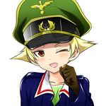  blonde_hair blush brown_eyes close-up erwin_(girls_und_panzer) face girls_und_panzer gloves goggles goggles_on_headwear hat jacket long_sleeves looking_at_viewer lowres military military_uniform one_eye_closed ooarai_military_uniform open_mouth peaked_cap sae_(saearito03) short_hair smile solo uniform white_background 