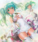  artist_name ass_visible_through_thighs chibi chibi_inset covered_navel cowboy_shot elbow_gloves gloves goodsmile_racing green_eyes green_hair grin hatsune_miku long_hair mayo_riyo multiple_girls one-piece_swimsuit one_eye_closed race_queen racing_miku racing_miku_(2014) school_swimsuit smile swimsuit thighhighs traditional_media twintails vocaloid white_school_swimsuit white_swimsuit 