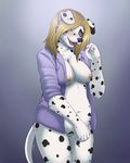  ajna blonde_hair blue_eyes blush bottomless breasts canine chubby clothed clothing dalmatian dog female hair hair_over_eye looking_at_viewer mammal navel nipples open_shirt pussy shirt skimpy solo spots teeth tongue 