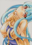  aqua_hair blush bodysuit breasts dragon_quest dragon_quest_iii finger_to_face hat large_breasts long_hair marker_(medium) millipen_(medium) priest_(dq3) red_eyes simple_background skin_tight slit_pupils solo traditional_media white_background yutakasan-love 
